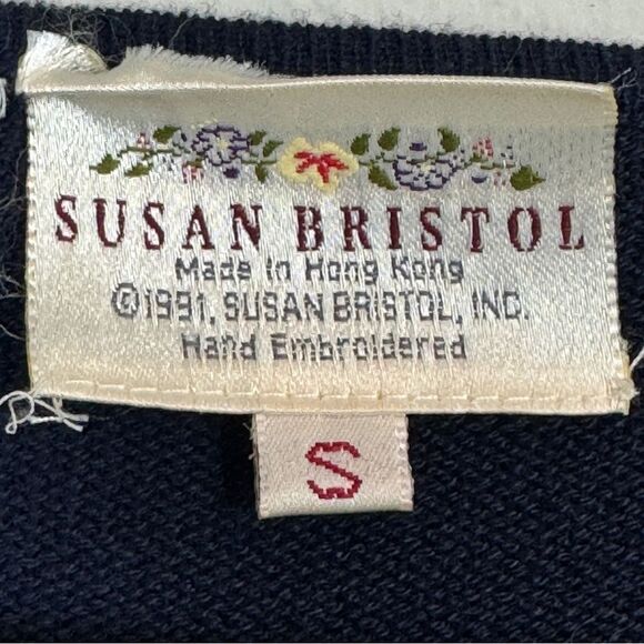 Vintage Susan Bristol Navy Floral Embroidered Cardigan 90s S - Picture 3 of 7